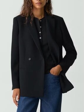 THEORY Silk Relaxed Fit Double Breasted Blazer in Black